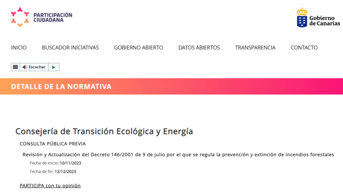 La ciudadanía podrá realizar aportaciones a la futura modificación del Decreto Ley que regula la prevención y extinción de incendios forestales en Canarias